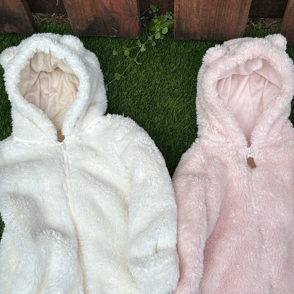 Carters Baby 9M Fuzzy Sherpa Fleece Bear Pram Suit Hooded Romper Bundle 2Pk